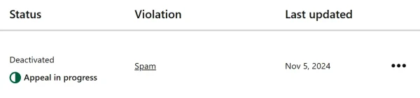 Alt Text: Screenshot of Pinterest's Reports & Violations Center showing an account status marked as "Deactivated" due to a "Spam" violation. The appeal is listed as "in progress," and the last update is dated November 5, 2024. The interface includes three columns: "Status," "Violation," and "Last Updated," with a three-dot menu option on the right side.