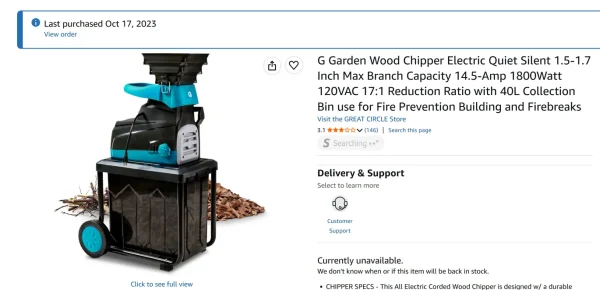 Screenshot of an Amazon product listing page showing a purchase notification from October 17, 2023. The product image displays a black and teal electric wood chipper mounted on a wheeled frame over a plastic collection bin. The listing title begins with the standalone letter 'G' and reads 'G Garden Wood Chipper Electric Quiet Silent 1.5-1.7 Inch Max Branch Capacity 14.5-Amp 1800Watt 120VAC 17:1 Reduction Ratio with 40L Collection Bin use for Fire Prevention Building and Firebreaks.' The seller is listed as the GREAT CIRCLE Store, with a 3.1-star rating based on 146 reviews, and the item status is marked as 'Currently unavailable.