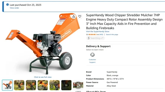 Screenshot of a Great Circle Machinery Corp product listing on Amazon showing a purchase banner from October 23, 2023. The product image displays an orange and black gas-powered wood chipper featuring a 7HP engine mounted on a two-wheeled metal frame with 'SuperHandy' printed on the feed hopper. The listing title reads 'SuperHandy Wood Chipper Shredder Mulcher 7HP Engine Heavy Duty Compact Rotor Assembly Design 3" Inch Max Capacity Aids in Fire Prevention and Building Firebreaks.' The product is sold via the SuperHandy Store, holding a 3.9-star rating from 493 reviews, with product specs listing 'Gas Powered' source and 'Alloy Steel' construction.